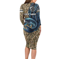 Catfish Fishing Personalized Family Matching Long Sleeve Bodycon Dress and Hawaiian Shirt Blue Bass and Camo Reeds Background - Wonder Print Shop