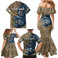 Catfish Fishing Personalized Family Matching Mermaid Dress and Hawaiian Shirt Blue Bass and Camo Reeds Background - Wonder Print Shop