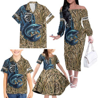 Catfish Fishing Personalized Family Matching Off The Shoulder Long Sleeve Dress and Hawaiian Shirt Blue Bass and Camo Reeds Background - Wonder Print Shop