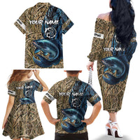 Catfish Fishing Personalized Family Matching Off The Shoulder Long Sleeve Dress and Hawaiian Shirt Blue Bass and Camo Reeds Background - Wonder Print Shop