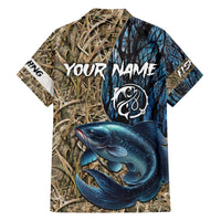 Catfish Fishing Personalized Family Matching Off The Shoulder Long Sleeve Dress and Hawaiian Shirt Blue Bass and Camo Reeds Background - Wonder Print Shop