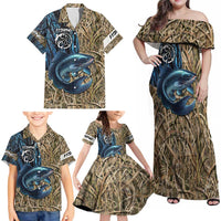 Catfish Fishing Personalized Family Matching Off Shoulder Maxi Dress and Hawaiian Shirt Blue Bass and Camo Reeds Background - Wonder Print Shop