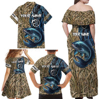 Catfish Fishing Personalized Family Matching Off Shoulder Maxi Dress and Hawaiian Shirt Blue Bass and Camo Reeds Background - Wonder Print Shop