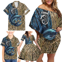 Catfish Fishing Personalized Family Matching Off Shoulder Short Dress and Hawaiian Shirt Blue Bass and Camo Reeds Background - Wonder Print Shop