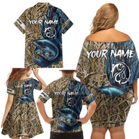 Catfish Fishing Personalized Family Matching Off Shoulder Short Dress and Hawaiian Shirt Blue Bass and Camo Reeds Background - Wonder Print Shop
