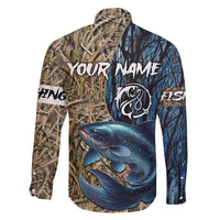 Catfish Fishing Personalized Family Matching Off Shoulder Short Dress and Hawaiian Shirt Blue Bass and Camo Reeds Background - Wonder Print Shop