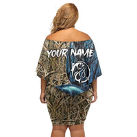 Catfish Fishing Personalized Family Matching Off Shoulder Short Dress and Hawaiian Shirt Blue Bass and Camo Reeds Background - Wonder Print Shop