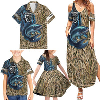 Catfish Fishing Personalized Family Matching Summer Maxi Dress and Hawaiian Shirt Blue Bass and Camo Reeds Background - Wonder Print Shop
