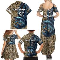 Catfish Fishing Personalized Family Matching Summer Maxi Dress and Hawaiian Shirt Blue Bass and Camo Reeds Background - Wonder Print Shop
