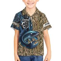 Catfish Fishing Personalized Family Matching Summer Maxi Dress and Hawaiian Shirt Blue Bass and Camo Reeds Background - Wonder Print Shop