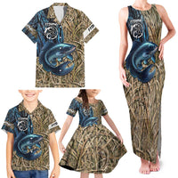 Catfish Fishing Personalized Family Matching Tank Maxi Dress and Hawaiian Shirt Blue Bass and Camo Reeds Background - Wonder Print Shop