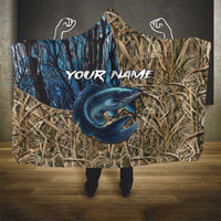 Catfish Fishing Personalized Hooded Blanket Blue Bass and Camo Reeds Background - Wonder Print Shop