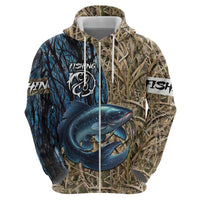 Catfish Fishing Personalized Hoodie Blue Bass and Camo Reeds Background - Wonder Print Shop