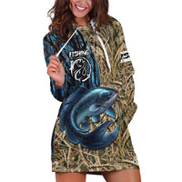 Catfish Fishing Personalized Hoodie Dress Blue Bass and Camo Reeds Background - Wonder Print Shop
