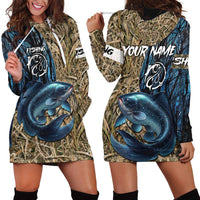 Catfish Fishing Personalized Hoodie Dress Blue Bass and Camo Reeds Background - Wonder Print Shop