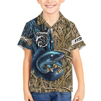 Catfish Fishing Personalized Kid Hawaiian Shirt Blue Bass and Camo Reeds Background - Wonder Print Shop