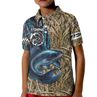 Catfish Fishing Personalized Kid Polo Shirt Blue Bass and Camo Reeds Background - Wonder Print Shop