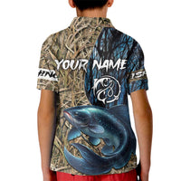 Catfish Fishing Personalized Kid Polo Shirt Blue Bass and Camo Reeds Background - Wonder Print Shop