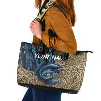 Catfish Fishing Personalized Leather Tote Bag Blue Bass and Camo Reeds Background - Wonder Print Shop