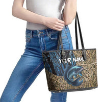 Catfish Fishing Personalized Leather Tote Bag Blue Bass and Camo Reeds Background - Wonder Print Shop