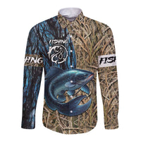 Catfish Fishing Personalized Long Sleeve Button Shirt Blue Bass and Camo Reeds Background - Wonder Print Shop