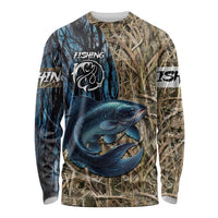 Catfish Fishing Personalized Long Sleeve Shirt Blue Bass and Camo Reeds Background - Wonder Print Shop