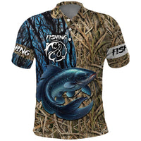 Catfish Fishing Personalized Polo Shirt Blue Bass and Camo Reeds Background - Wonder Print Shop