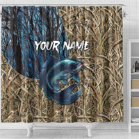 Catfish Fishing Personalized Shower Curtain Blue Bass and Camo Reeds Background - Wonder Print Shop