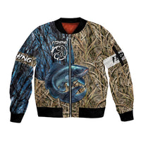 Catfish Fishing Personalized Sleeve Zip Bomber Jacket Blue Bass and Camo Reeds Background - Wonder Print Shop