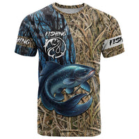 Catfish Fishing Personalized T Shirt Blue Bass and Camo Reeds Background - Wonder Print Shop