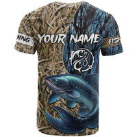 Catfish Fishing Personalized T Shirt Blue Bass and Camo Reeds Background - Wonder Print Shop