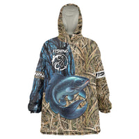 Catfish Fishing Personalized Wearable Blanket Hoodie Blue Bass and Camo Reeds Background - Wonder Print Shop
