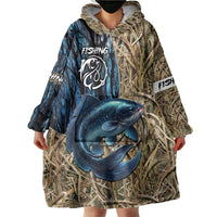 Catfish Fishing Personalized Wearable Blanket Hoodie Blue Bass and Camo Reeds Background - Wonder Print Shop