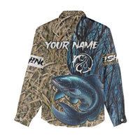 Catfish Fishing Personalized Women Casual Shirt Blue Bass and Camo Reeds Background - Wonder Print Shop