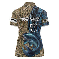 Catfish Fishing Personalized Women Polo Shirt Blue Bass and Camo Reeds Background - Wonder Print Shop