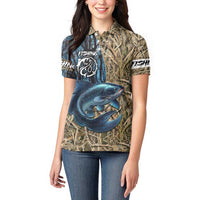 Catfish Fishing Personalized Women Polo Shirt Blue Bass and Camo Reeds Background - Wonder Print Shop
