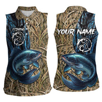 Catfish Fishing Personalized Women Sleeveless Polo Shirt Blue Bass and Camo Reeds Background - Wonder Print Shop