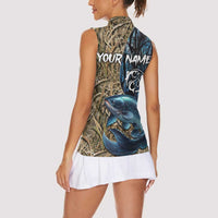Catfish Fishing Personalized Women Sleeveless Polo Shirt Blue Bass and Camo Reeds Background - Wonder Print Shop