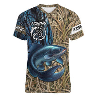 Catfish Fishing Personalized Women V-Neck T-Shirt Blue Bass and Camo Reeds Background - Wonder Print Shop
