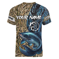 Catfish Fishing Personalized Women V-Neck T-Shirt Blue Bass and Camo Reeds Background - Wonder Print Shop