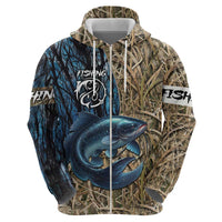 Catfish Fishing Personalized Zip Hoodie Blue Bass and Camo Reeds Background - Wonder Print Shop