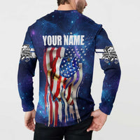 Bass Fishing Button Sweatshirt American Flag Patriotic and Cosmic Galaxy in Blue Red - Wonder Print Shop