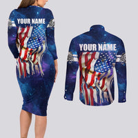 Bass Fishing Couples Matching Long Sleeve Bodycon Dress and Long Sleeve Button Shirt American Flag Patriotic and Cosmic Galaxy in Blue Red - Wonder Print Shop