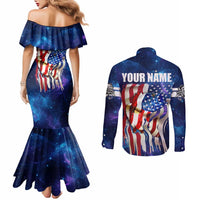 Bass Fishing Couples Matching Mermaid Dress and Long Sleeve Button Shirt American Flag Patriotic and Cosmic Galaxy in Blue Red - Wonder Print Shop