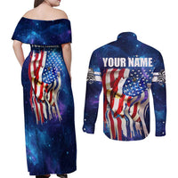 Bass Fishing Couples Matching Off Shoulder Maxi Dress and Long Sleeve Button Shirt American Flag Patriotic and Cosmic Galaxy in Blue Red - Wonder Print Shop