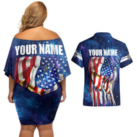 Bass Fishing Couples Matching Off Shoulder Short Dress and Hawaiian Shirt American Flag Patriotic and Cosmic Galaxy in Blue Red - Wonder Print Shop