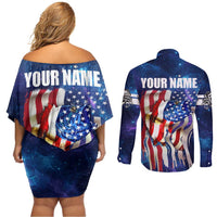 Bass Fishing Couples Matching Off Shoulder Short Dress and Long Sleeve Button Shirt American Flag Patriotic and Cosmic Galaxy in Blue Red - Wonder Print Shop