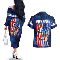 Bass Fishing Couples Matching Off The Shoulder Long Sleeve Dress and Hawaiian Shirt American Flag Patriotic and Cosmic Galaxy in Blue Red - Wonder Print Shop