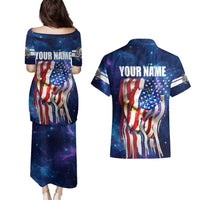 Bass Fishing Couples Matching Puletasi and Hawaiian Shirt American Flag Patriotic and Cosmic Galaxy in Blue Red - Wonder Print Shop