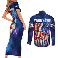 Bass Fishing Couples Matching Short Sleeve Bodycon Dress and Long Sleeve Button Shirt American Flag Patriotic and Cosmic Galaxy in Blue Red - Wonder Print Shop